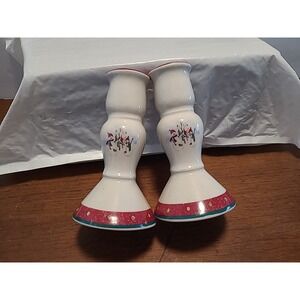 Vintage Royal Seasons Stoneware Candlesticks Set Of 2 Snowmen 5.25" Tall Ceramic